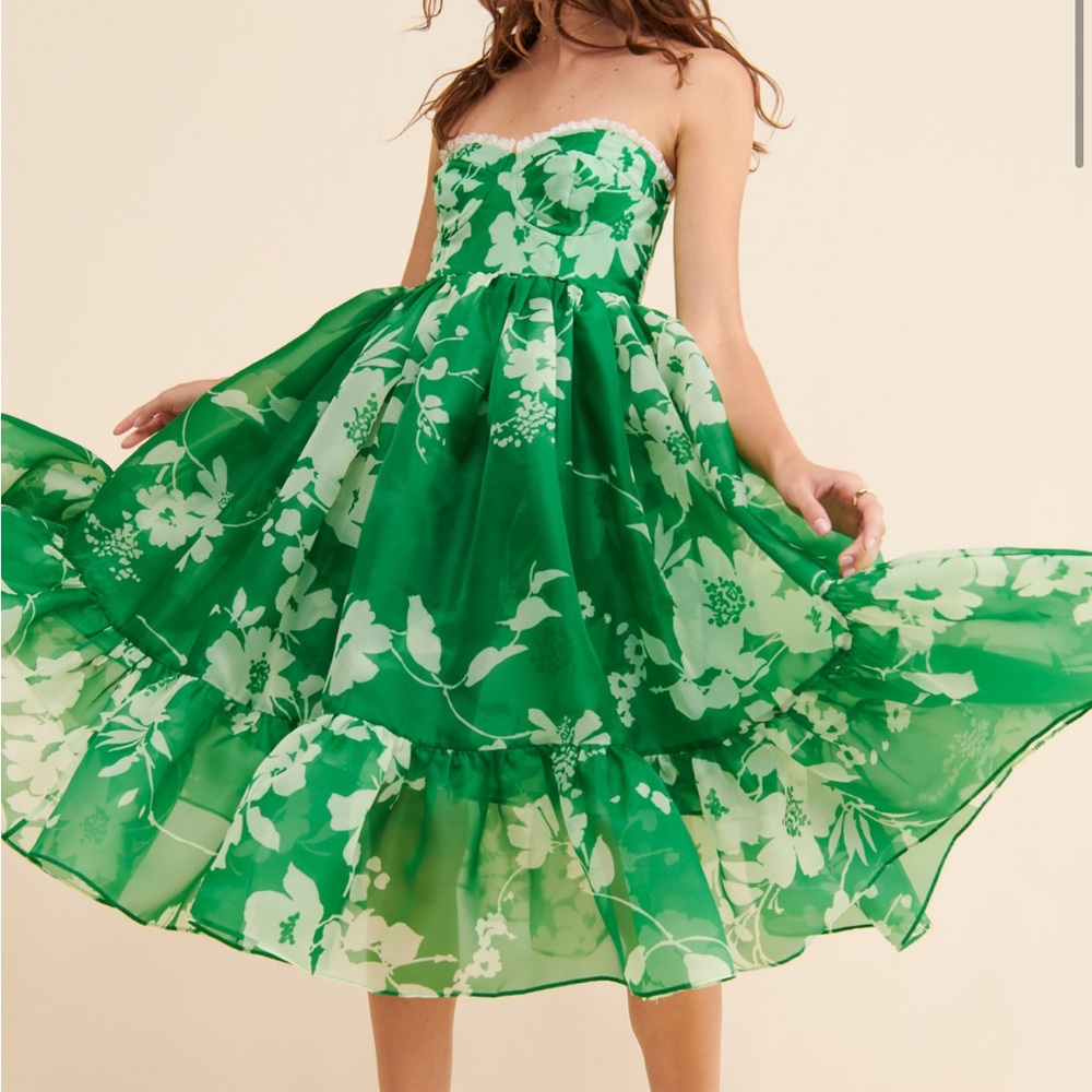 Selkie Green Floral Strapless Midi Dress